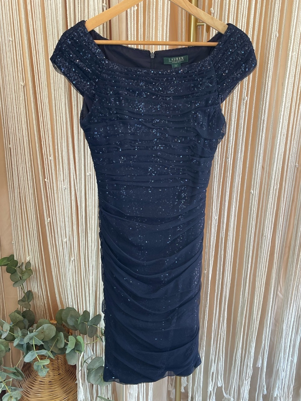 Ralph Lauren Evening navy blue sequin cocktail dress ruched bodice & cap sleeves